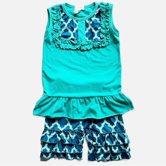 Honeydew Girl’s 2-Piece Turquoise Print Ruffle Outfit 6 7 sleeveless shorts - Picture 12 of 12